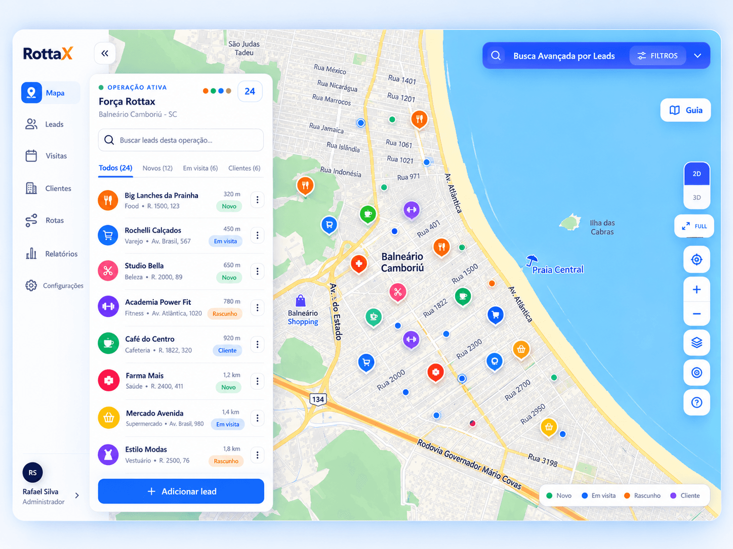 Mapa Rottax com leads e oportunidades comerciais